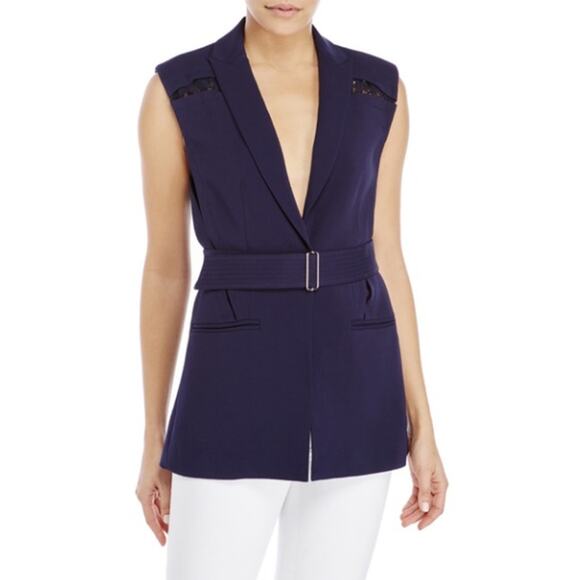 Rebecca Taylor Navy Blue Vest Size 0 XS Lace Trim Belted Suiting Sleeveless - Picture 14 of 14